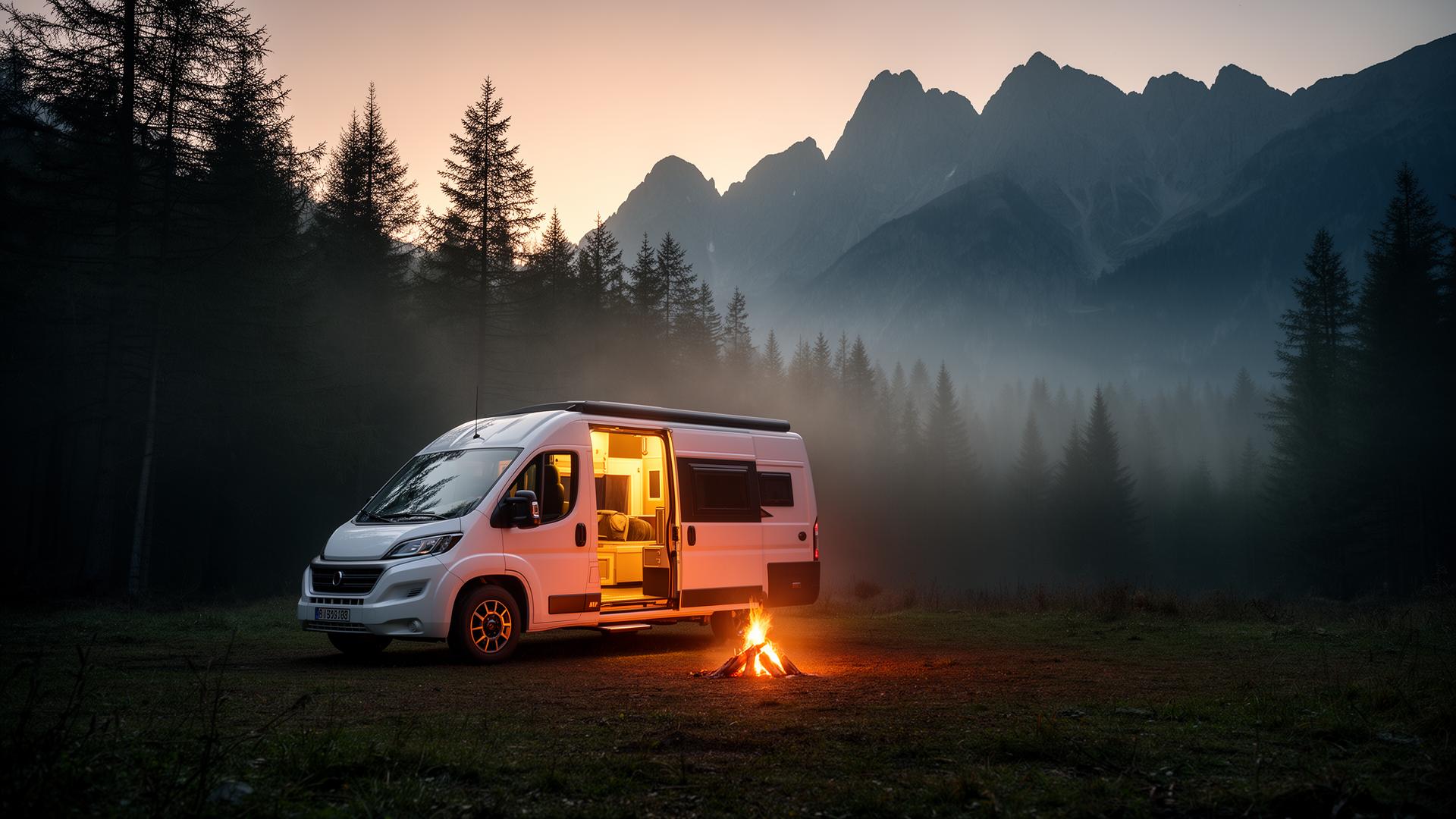 RV at the edge of a forest with mountains in the background